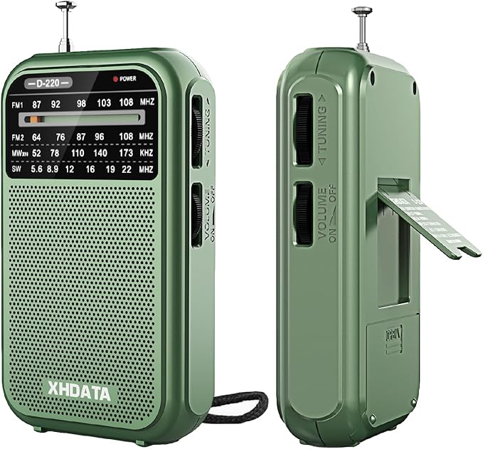 XHDATA D220 Portable AM FM SW Shortwave Receiver Pocket Radio, 2 AA Battery Operated, Transistor Radios with Excellent Reception for Family or Elder (Green)
