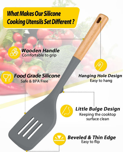 Pack of 4 Silicone Kitchen Utensils Set, Non Stick Solid Spatulas and Heat Resistant Slotted Spoons with Wooden Handle, Ideal BPA Free Cooking Utensils for Mixing,Serving,Turning,Stirring(GRAY)
