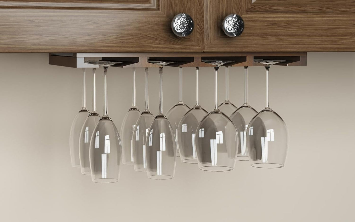 Rustic State Eze 4 Sectional Under Cabinet Mount Wood Stemware Rack Hanging Shelf Glassware Holder Bar Organizer with up to 12 Wine Glass Storage 12 Inch Deep Chestnut