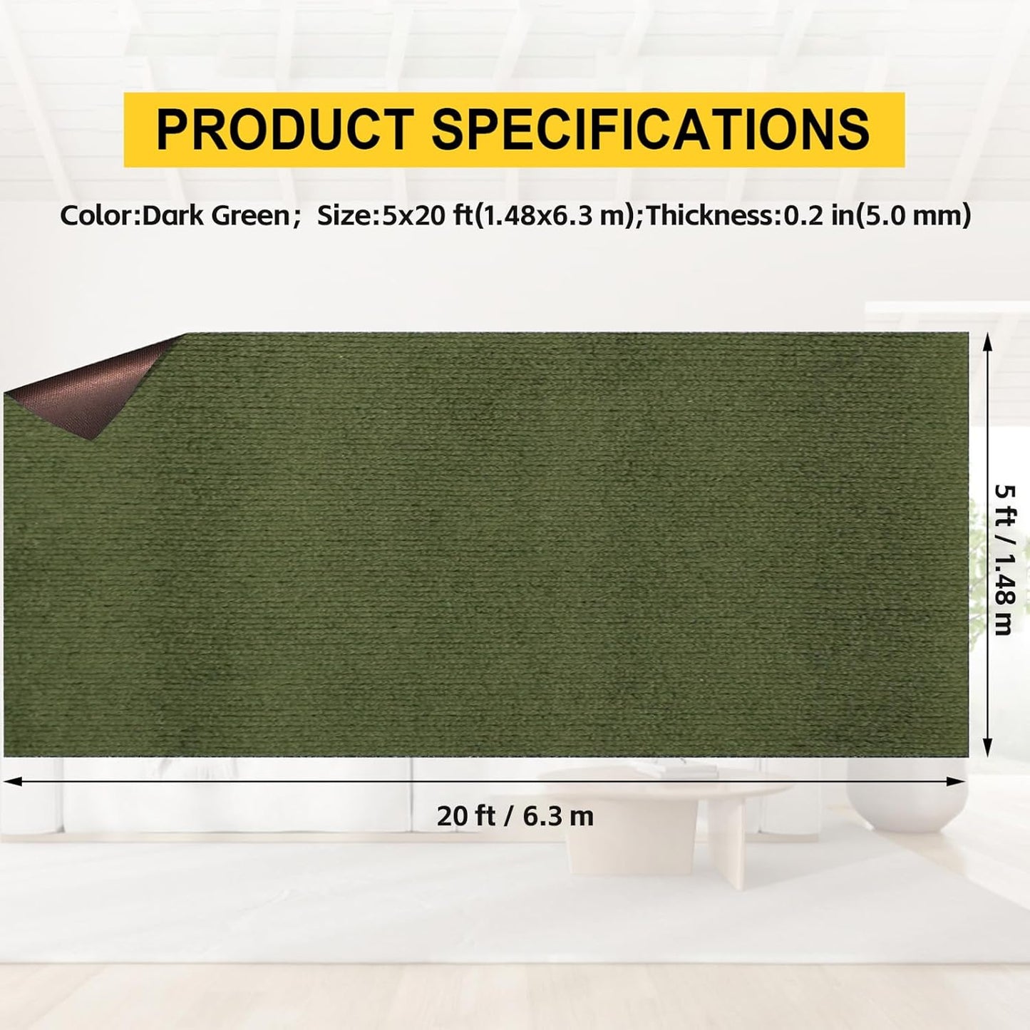 Marine Carpet,5 FT x 20 FT Olive Green Indoor Outdoor Carpet 0.2" Thick with Water-Proof TPE Backing, Non-Slide for Home, Patio, Porch, Deck