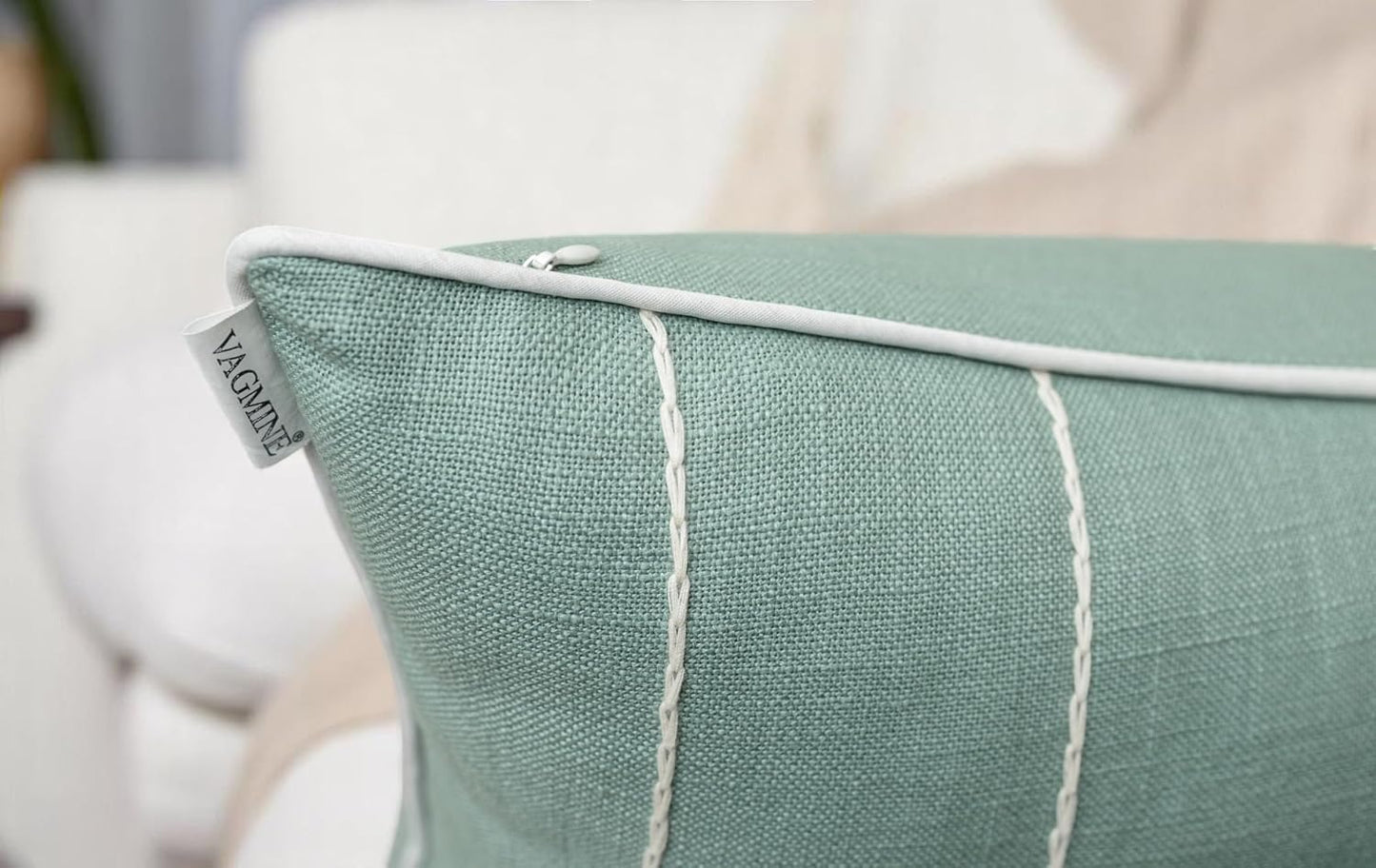 VAGMINE Hand Embroidered Daisy Accent Throw Pillow Cover - 20x20 Inches Square - 100% Cotton Light Teal Decorative Cushion Cover for Couch, Sofa, Bed - Textured Embroidery - Elegant Floral Home Décor