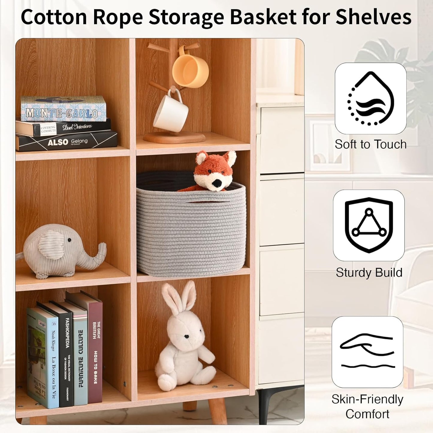 Woven Cotton Rope Storage Basket for Organizing, Cute Decorative Baskets for Gifts Empty, Organizer Bins for Dog Toy, Baby Laundry, 15“×11”×9.5“, Light Grey