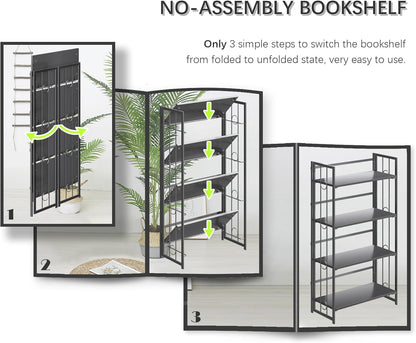 4NM No Assembly 4 Tiers Folding Bookshelf, 47.2" H Foldable Storage Shelves Vintage Bookcase Standing Racks Study Organizer Home Office - All Black