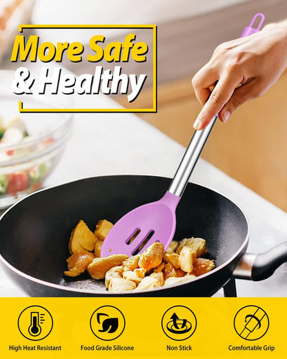 Pack of 2 Large Silicone Cooking Spoons,Non Stick Solid Basting Spoon,Heat-Resistant Kitchen Utensils for Mixing,Serving,Draining,Stirring (PURPLE)