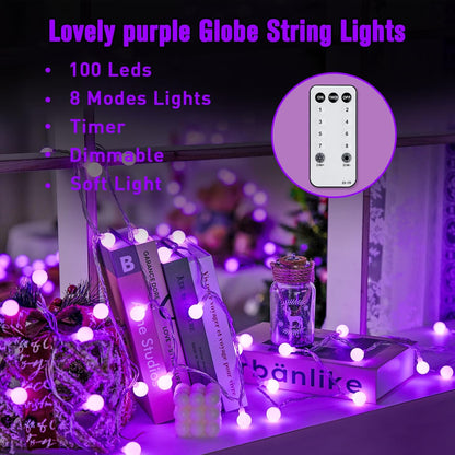 JMEXSUSS Purple Halloween Lights Indoor, Connectable 100 LED Globe String Lights Plug in with Remote, 33ft 8 Modes Purple String Lights Outdoor for Bedroom Room Party Halloween Decor