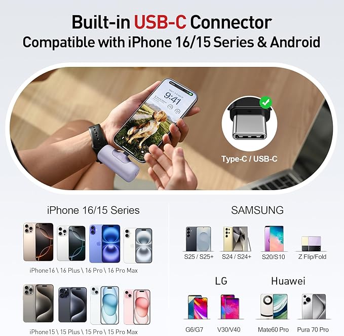 iWALK Portable Charger 5500mAh Next-Gen Small Power Bank 22.5W Fast Charging Battery USB-C Portable Phone Charger for iPhone 17/16/15 17 Plus 17 Pro Max iPad, Samsung Galaxy S25 S24 S23 Android,Purple