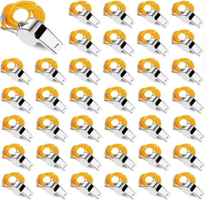 50Pcs Whistles - Stainless Steel Coach Whistle with Lanyard for Soccer, Referees, and Emergencies - Loudest Whistle for Coaching and Safety - Bulk Whistles- Compact and User-Friendly Design