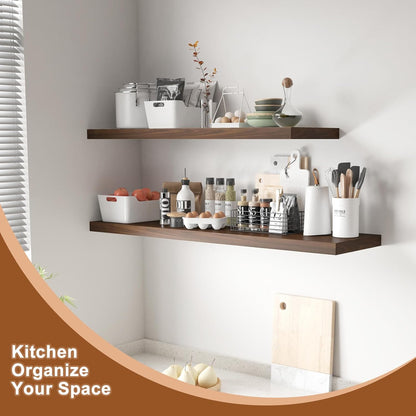 12 Inch Deep Floating Shelves for Wall 2 Pack Floating Shelves Large Storage Space Wall Mount Shelf for Living Room Kitchen Bathroom 24" W x 12" D x 1.2" H Walnut
