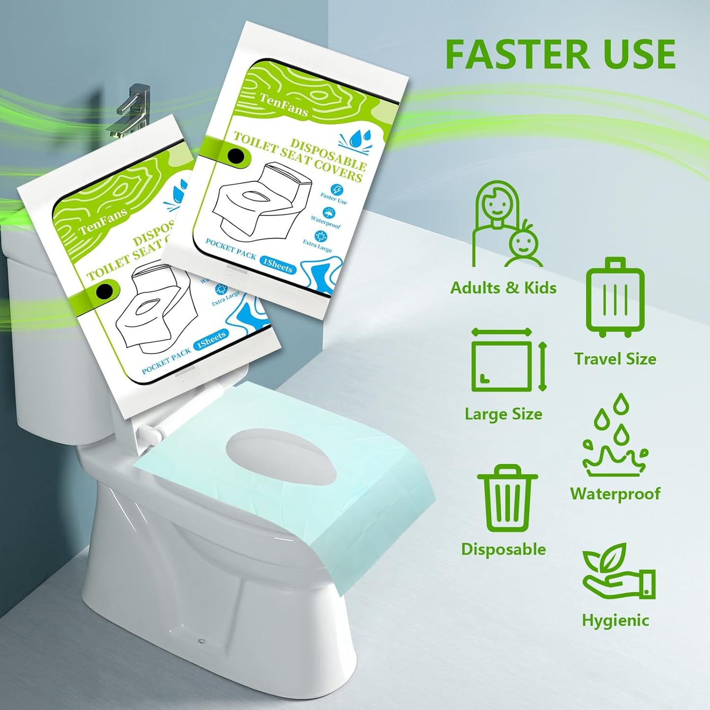TenFan Disposable Toilet Seat Covers - 70-Pack Waterproof XL Travel Pack, Adhesive Secure Fit for Public Toilets, Camping, Airport & Hospital (Adults & Kids)