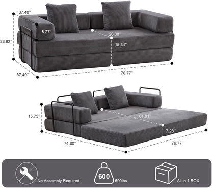 Convertible Sleeper Sofa Bed, Compression Folding Sofa with Pillow, No Assembly Required, Shape Frame, Floor Sofas Lounge Couch for Living Room, Bedroom, Small Spaces(Corduroy, 77''W, Dark Grey)