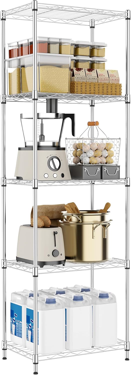 5 Tiers Shelf Metal Storage Shelves Wire Rack Closet Organizers with Wheel for Garage Kitchen Bathroom Laundry Chrome 11.8" D x 17.7" W x 55" H