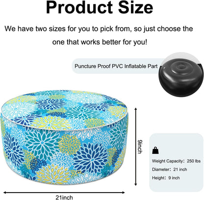 Inflatable Ottoman Stool D21 xH9 for Outdoor/Indoor Use, Water Repellent Patio Foot Rest Stool with Portable Handle,Round Pouf Ottoman Suitable for Garden,Deck and Camping - Dahlia Blue