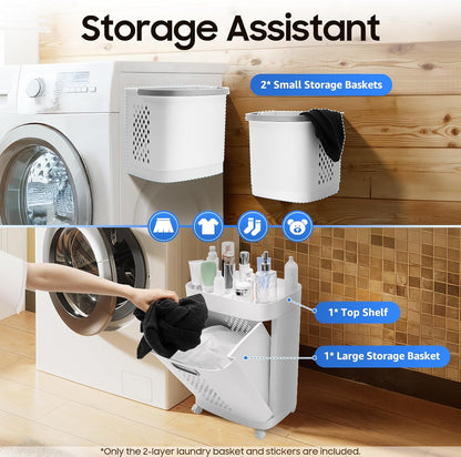 Movable Household Laundry Basket,2 Tier Laundry Hamper Basket Sorter with Wheels&Handle,Large Hand-Held Laundry Basket Clothes Storage Organizer for Bathrooms Bedrooms