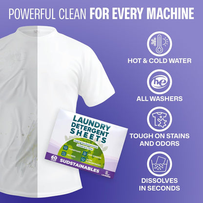 Sudstainables Laundry Detergent Sheets (60 Loads) – Eco-Friendly, Zero Waste, Plastic-Free Laundry Washing Machines Soap Sheets; Dissolvable, Space-Saving Strips for Travel (Lavender)