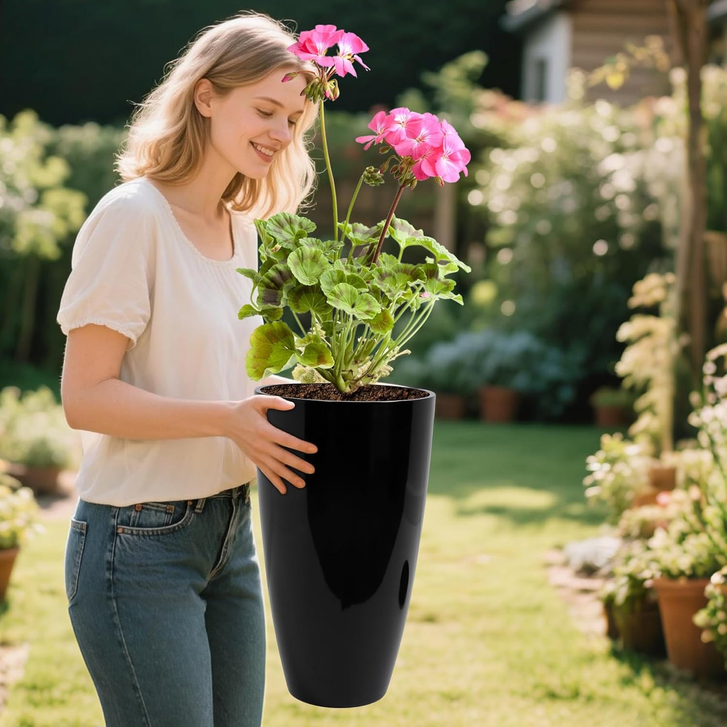 24/21/12 Inch Large Plastic Planter, Lightweight Ceramic-Look Large Flower Pots with Drain Hole & Saucers, Plastic Outdoor Planters for Garden, Patio, Balcony(Brilliant Black)
