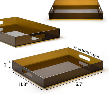 Large Acrylic Serving Tray Decorative Ottoman Coffee Table Vanity Tray Tea Fruit Platter Snack Appetizer Dessert Drink with Handles for Bar Kitchen Party, Amber