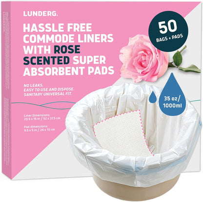 Lunderg Commode Liners with Absorbent Pads - Rose Scent Medical Grade 50 Count Universal Fit - Disposable Bedside Commode Liners and Pads for Adult Chairs, Portable Buckets & Camping Toilet Bags