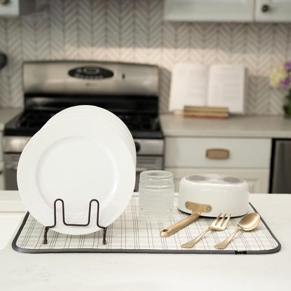 S&T INC. Dish Drying Mat XL, 18” x 24”, Absorbent Microfiber Kitchen Counter Mat, Dish Drying Pad for Dishes, Utensils, Pots and Pans, Extra Large, Stitched Plaid