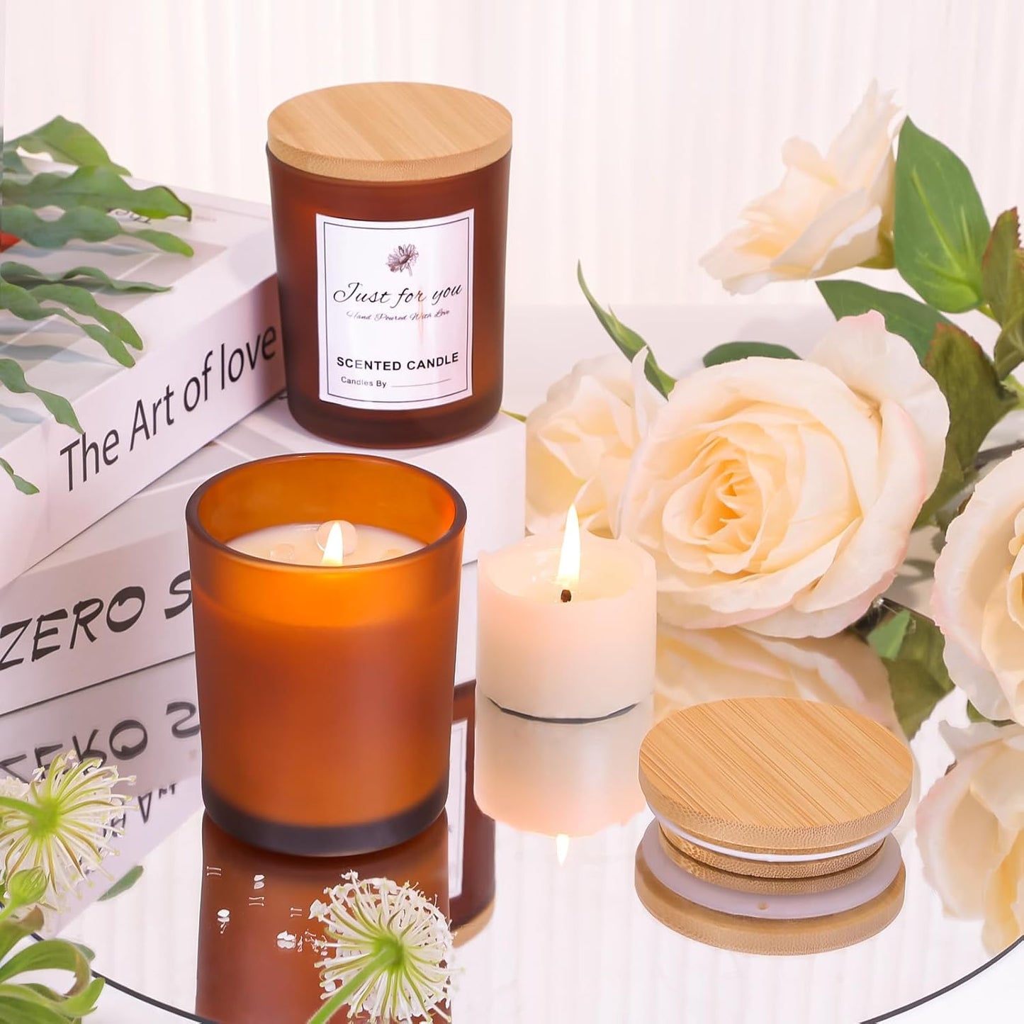 CONNOO 15-Pack 7oz Fall Amber Candle Jars with Bamboo Lids & Sticky Labels – Thick Glass Candle Jars for DIY Making, Dishwasher Safe, Bulk Set