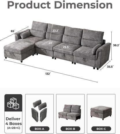 132'' Oversized Modular Sectional Sofa, L Shaped Comfy Cloud Sectional Couch with Storage, 5 Seat Extra Deep Seat Modular Sofas with Throw Pillows for Living Room, Grey