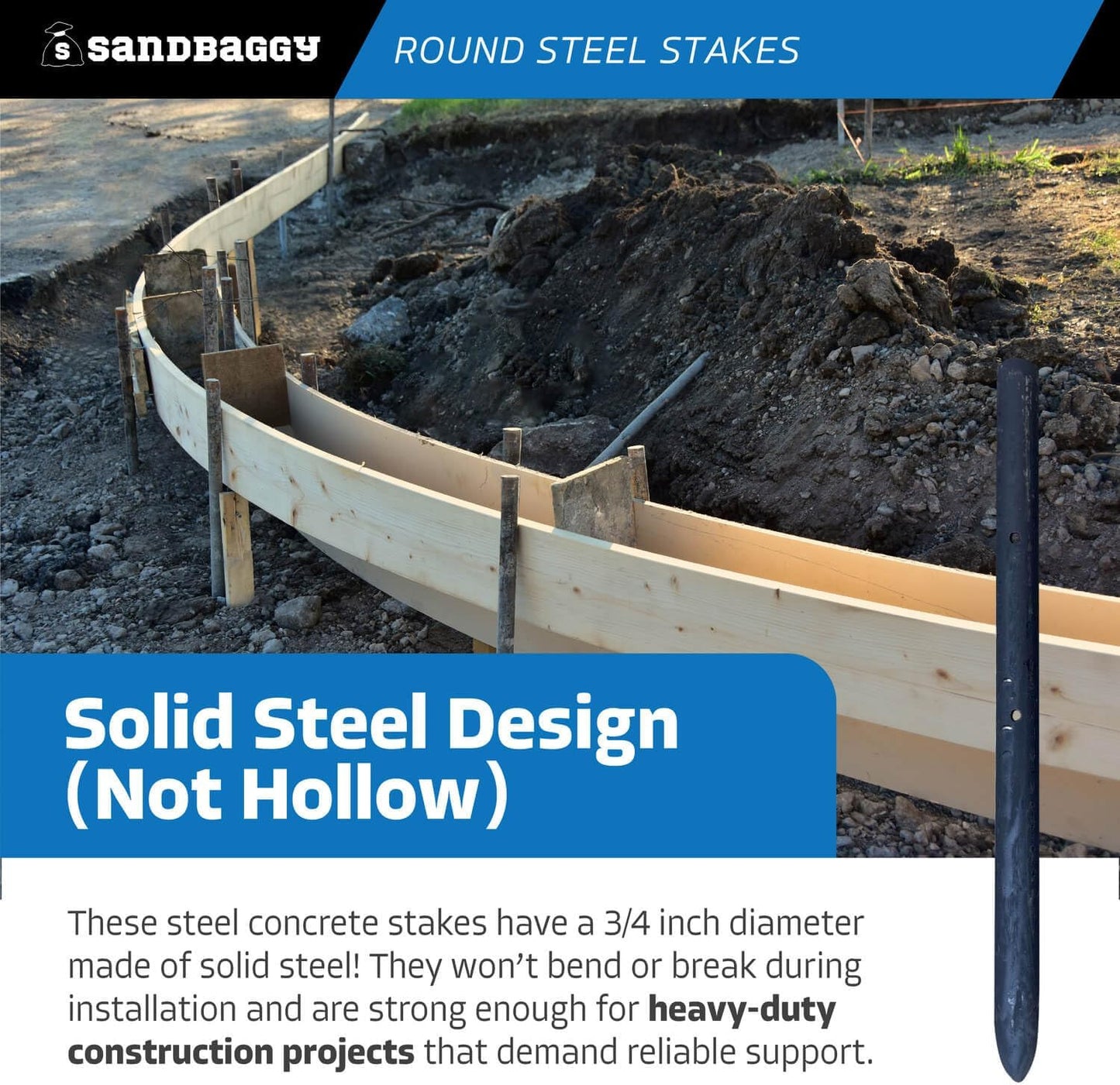 Sandbaggy Round Steel Concrete Form Stakes with Nail Holes - Rust Resistant Coating - Removable, Reusable (40, 3/4 in X 12 in)