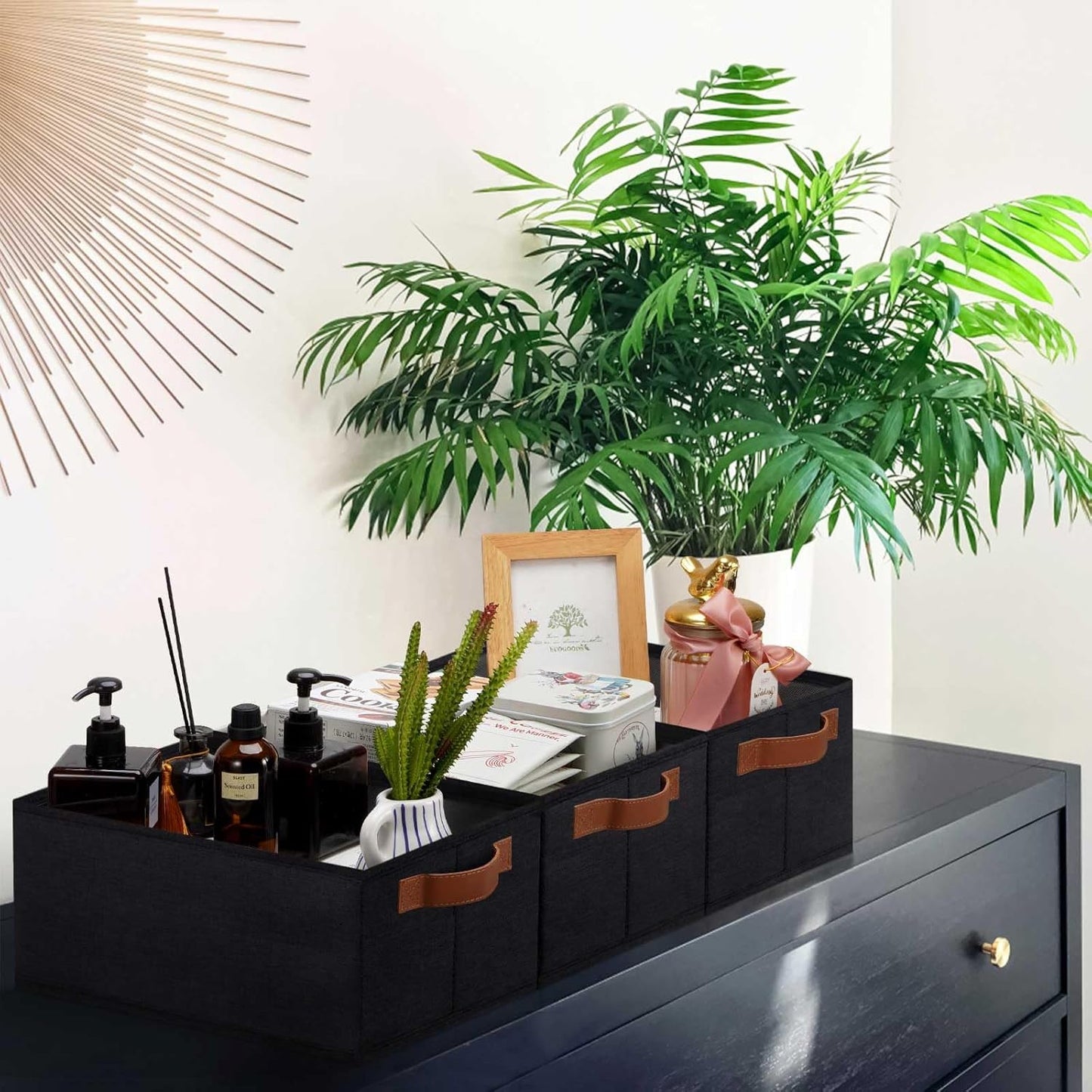 GhvyenntteS Small Fabric Storage Bins 6 Pack, 11.8" x 7.87" x 5.11" Storage Basket with Leather Handles, Closet Storage Bins for Shelves, Storage Baskets for Shelves, DVD Storage (Black)