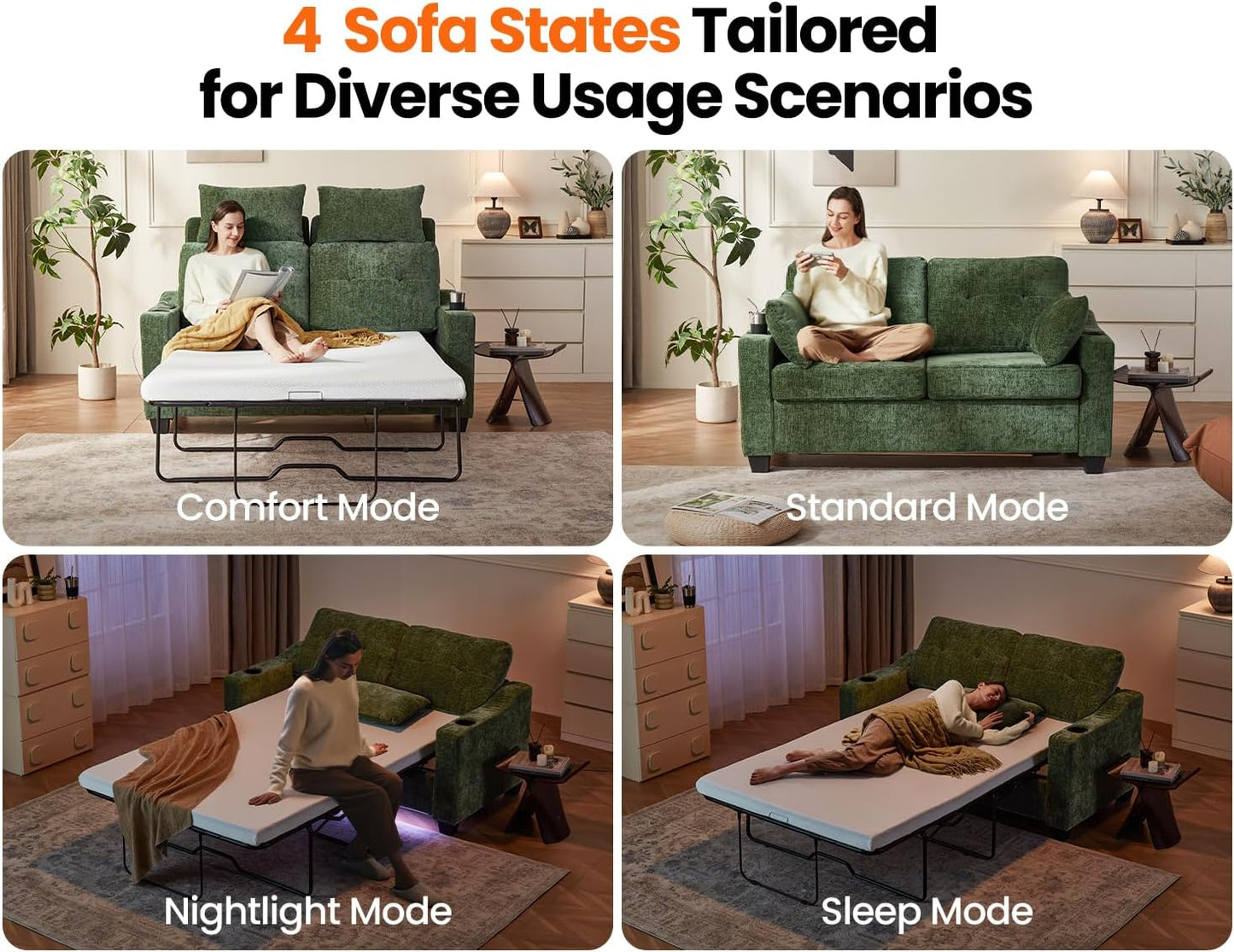 CHIC HOUSE Pull Out Sofa Bed, Full Size Sleeper Sofa, 2-in-1 Convertible Chenille Couch with USB Charging, Memory Form Couch for Living Room, Apartment & Small Space (Green, Chenille - Full)