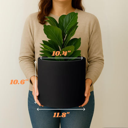 Fox & Fern Large 12 Inch Black Plant Pot — Premium Lightweight Fiberstone Matte Black Planter w Drainage Plug; Large Indoor & Outdoor Planter; 12 Inch Pots for Plants; Weather Resistant & UV Resistant