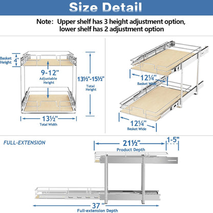 ROOMTEC 2 Tier Individual Pull Out Cabinet Organizer 13½"W x 21½"D, Slide Out Wood Shelves Organizers, Pull Out Drawers Organization and Storage for Kitchen Cabinet