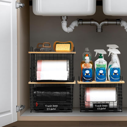 Upgrade Larger, Fit 13/30/33+ Gallon Trashbag Perfectly - 1 SET Stackable Trash Bag Holder with Tags & Bamboo Top, Garbage Bag Dispenser Stand, Kitchen Pantry Under Sink Laundry Room Organizer Basket