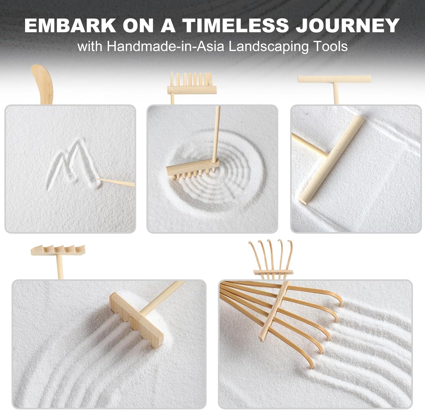 Zen Garden Kit for Desk Decor - Premium Beautiful Japanese Mini Zen Sand Garden Box Set for Home, Office with Black Wooden Tray, White Sand, Tools, Sandball - Desktop Meditation, Accessories