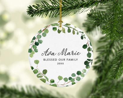 Andaz Press Personalized Round Ceramic Porcelain Christmas Ornament Keepsake Adoption New Baby Gift, A Blessing from God, Ava Marie Carter Adopted 2025, Farmhouse Eucalyptus Wreath, 1-Packs