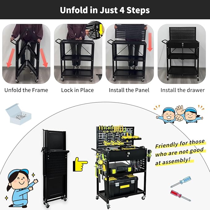 Lumizone Folding Tool Cart with Drawer and Pegboard Hooks Rolling Utility Service Cart on Wheels for Garage Organizer Foldable Power Tool Storage Heavy Duty Steel (Tool Cart with Drawer+Hooks)