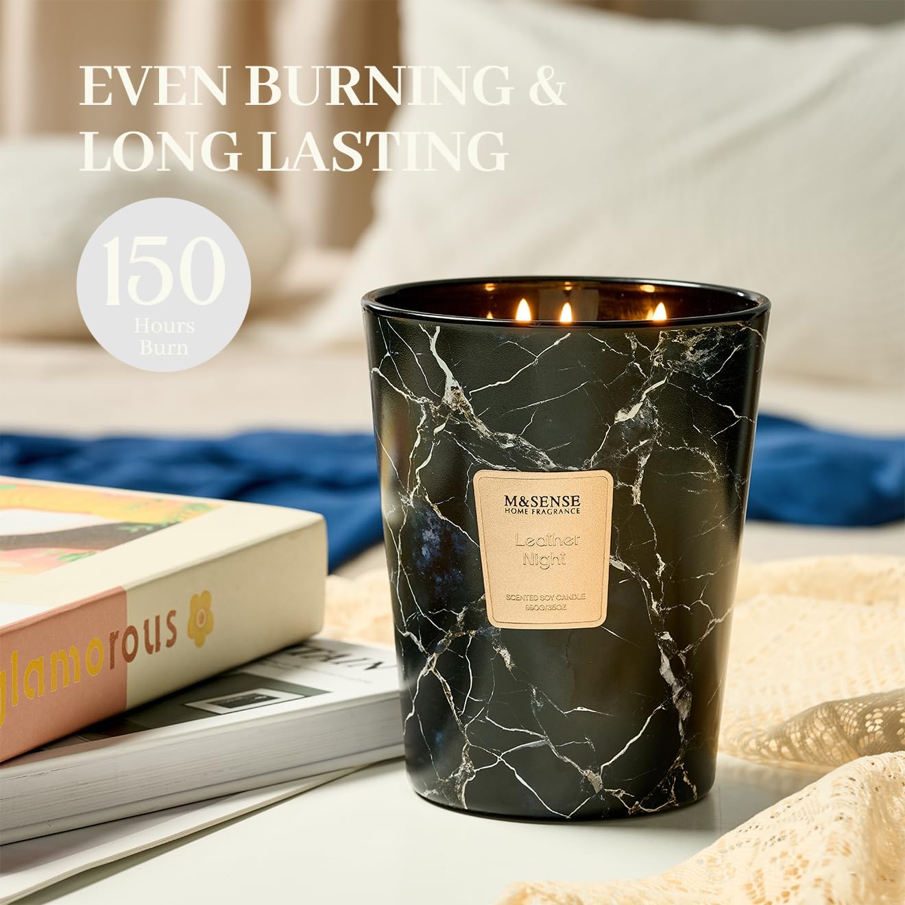 M&SENSE LeatherNight Scented Candles for Home, 3-Wick Highly Scented Jar Candles, Extra Large Candle 35 Oz 150 Hours Long Lasting Burning, Relaxing Aromatherapy Candle for Stress Relief, Meditation