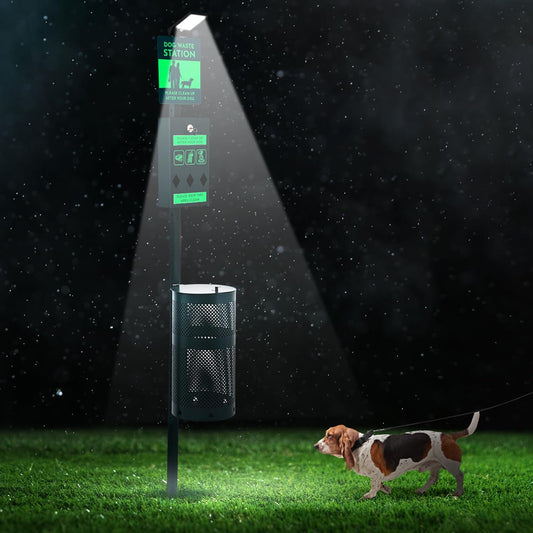 Dog Waste Station with Solar Panels Outdoor LED Galvanized Steel Dog Trash Bin with Poop Bag Dispenser Light up at Night Rust Proof Pet Trash Station for Commercial Park Backyard