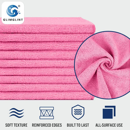 GLIMGLINT Pink Microfiber Cleaning Cloth, 12 Pack Cleaning Towels for Kitchen, Lint Free, Scratch-Free, Highly Absorbent, and Reusable Cleaning Rags for House, Window and Glass, Cars, 14"X12"