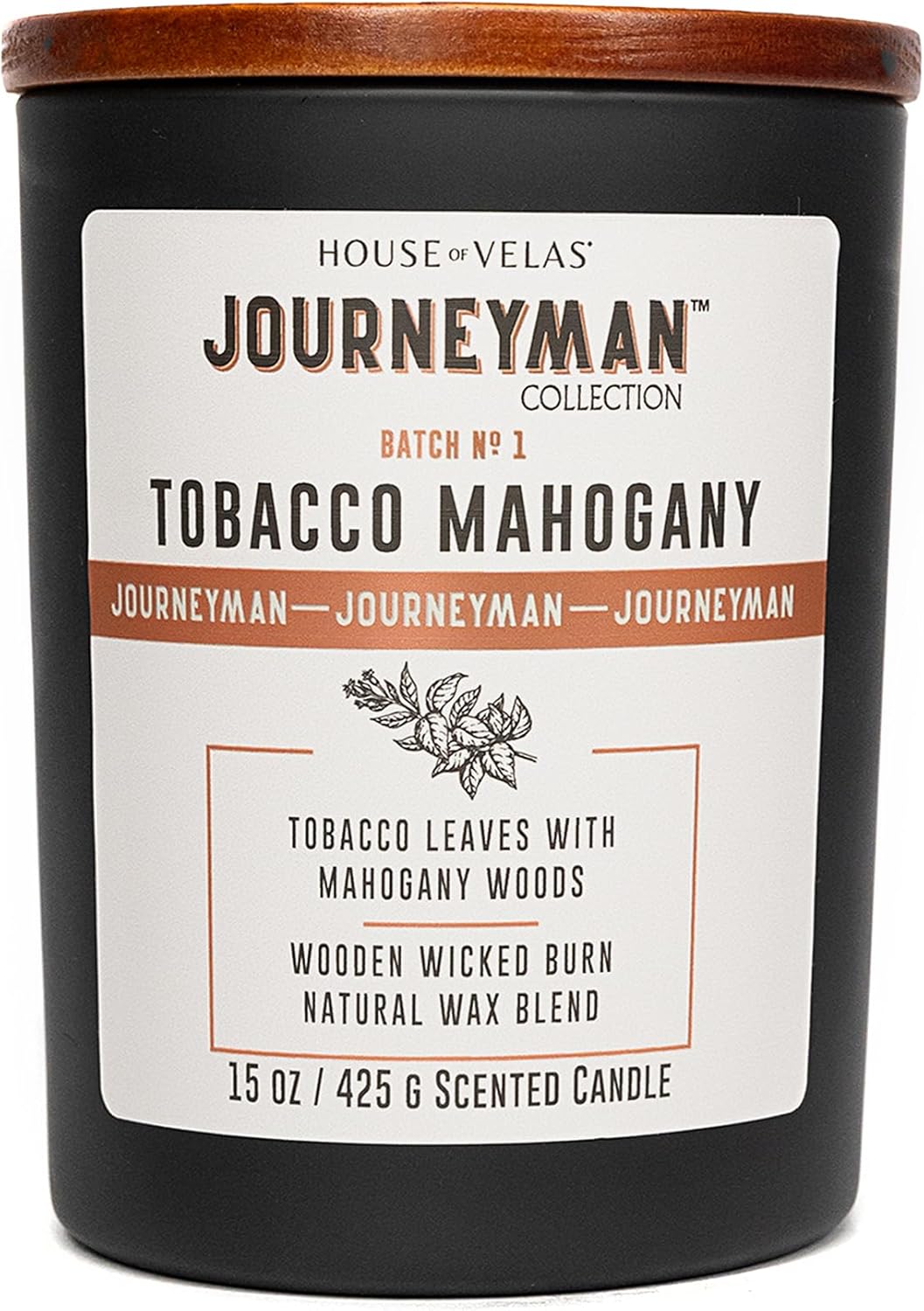 Journeyman Collection Candle, 15oz, Wooden Wick, Tobacco Mahogany, Large Painted Jar