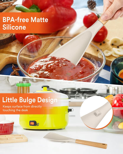 Multifunction Spatula Spoon for Nonstick Cookwares, Great for Cooking and Serving, Sturdy BPA-Free Matte Silicone, Wood Handle Spatula for Mixing, Scoop, and Scrape, Khaki(2 pack,11.4" & 13.4")