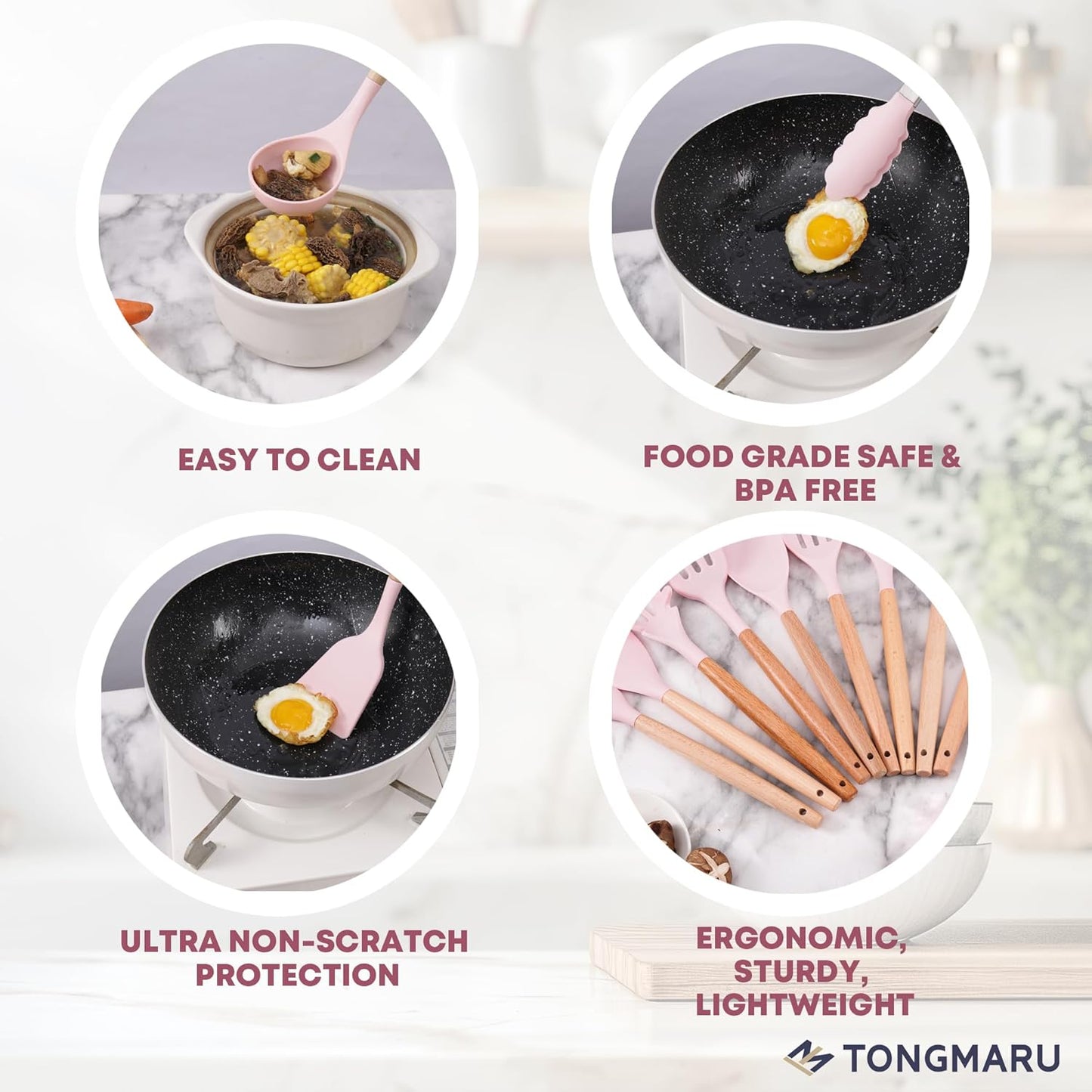 Silicone Cooking Utensils Set, Premium Beech Wood Handle Kitchen Gadgets Utensil Set, Non-Stick Kitchen Utensils Spatula, Tongs, Turner, Whisk, Brush, Spoon, BPA FREE, 446°F Resistant (Pink)