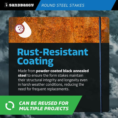 Sandbaggy Round Steel Concrete Form Stakes with Nail Holes - Rust Resistant Coating - Removable, Reusable (100, 3/4 in X 36 in)