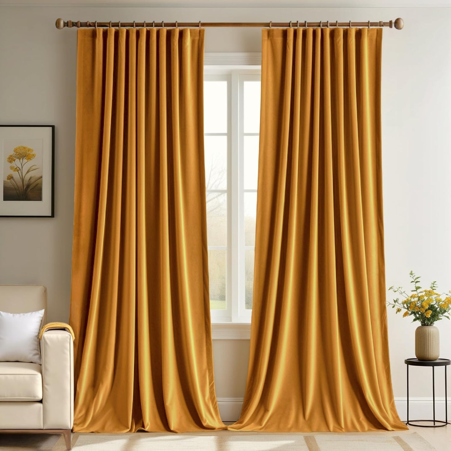 MIULEE Velvet Curtains 90 inches 2 Panels - Pinch Pleat Luxury Room Darkening Curtains for Bedroom Living Room Thermal Insulated Super Soft Fall Window Drapes Rod Pocket Pinch Pleated, Mustard Yellow