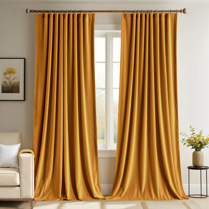 MIULEE Velvet Curtains 90 inches 2 Panels - Pinch Pleat Luxury Room Darkening Curtains for Bedroom Living Room Thermal Insulated Super Soft Fall Window Drapes Rod Pocket Pinch Pleated, Mustard Yellow