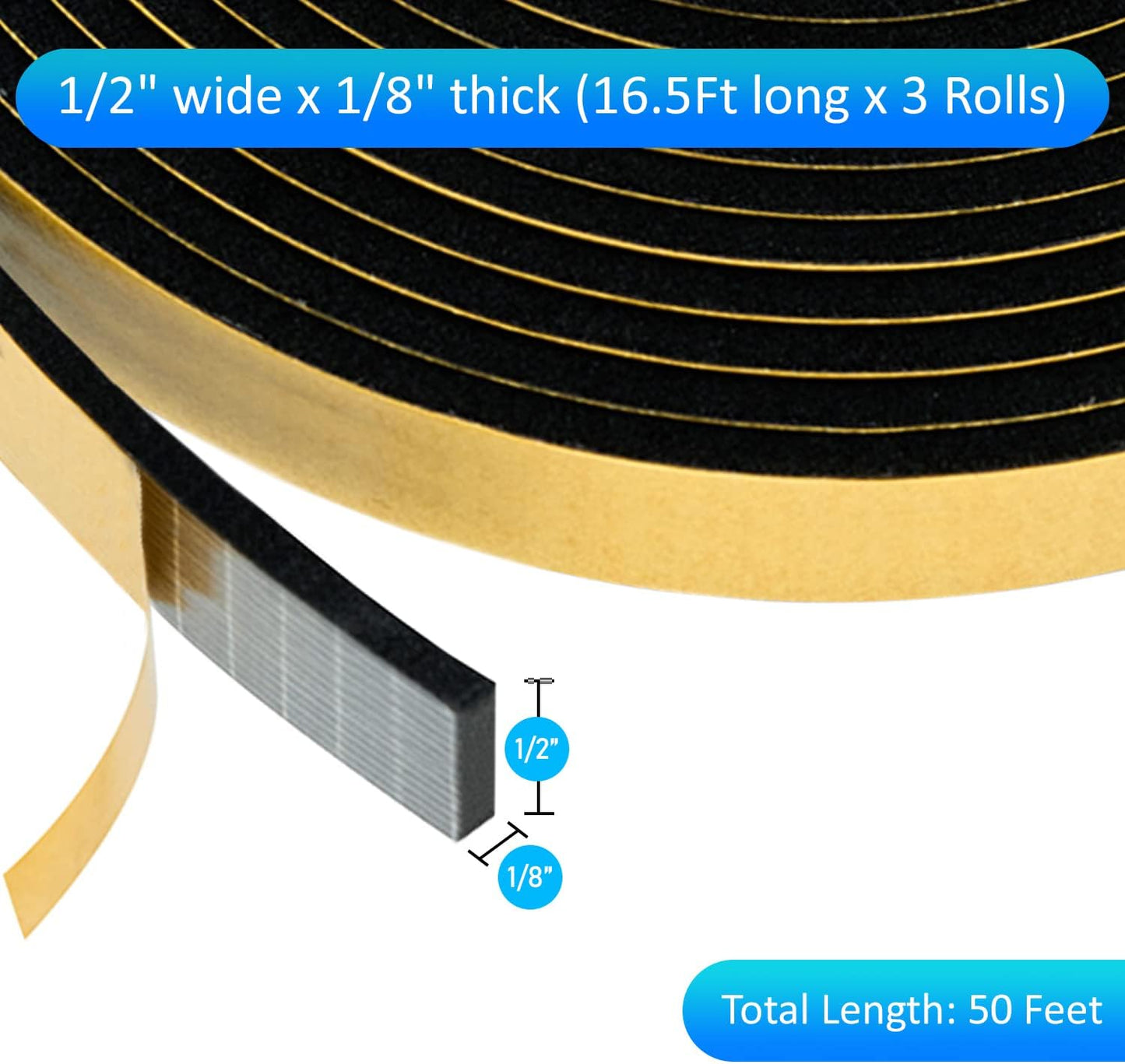 High Density Foam Weather Stripping Door Seal Strip Insulation Tape Roll for Insulating Door Frame, Window, Air Conditioner | Self Adhesive Sealing Weatherstrip (Black, 1/2 in x 1/8 in x 50)