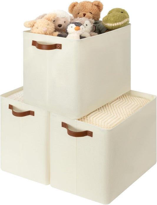 GRANNY SAYS Large Storage Baskets, Closet Storage Bins, Linen Closet organizers and storage, Fabric Storage Bins with Metal Frame, Clothes Baskets for Shelves, Towels, Beige, 3-Pack