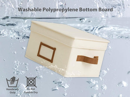 StorageWorks Storage Bins with Lids, Decorative Storage Boxes with Lid and PU Handles, Foldable Storage Baskets for Closet, Shelves, Stackable, Ivory, Medium, 3-Pack