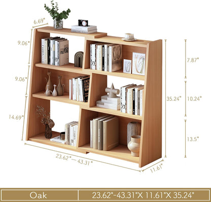 IOTXY Wooden Extendable Shelf Bookcase - 3-Tier Ladder Low Short Bookshelf for Small Space or Corner, Oak, S