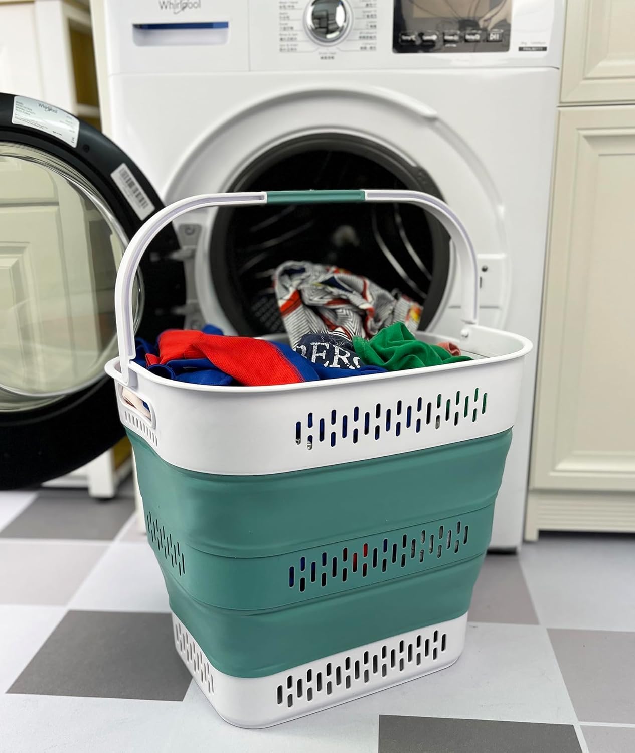 SAMMART 40L (10.5 Gallon) Collapsible Plastic Laundry Basket with Handles - Foldable Pop Up Storage Container/Organizer - Portable Laundry Hamper - Space Saving (1, White/Celadon Green)