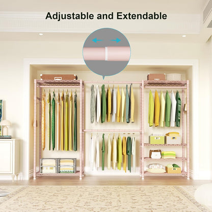 Ulif E1 Heavy Duty Closet Garment Rack, 6 Tiers Adjustable Metal Freestanding Expandable Clothing Storage with 4 Hanger Rods, Easy to Assemble Wardrobe, 71.4" H x (70" - 88.2") L x 14" D, Pink