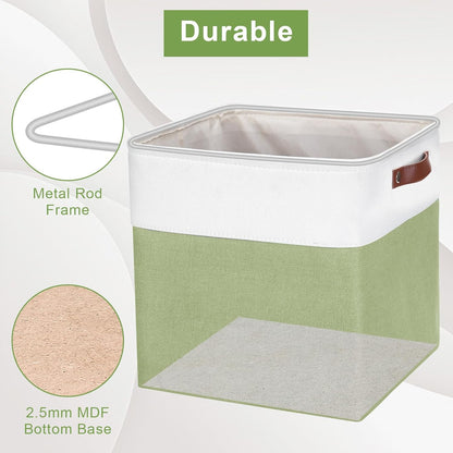 13x13 Cube Storage Bins, Collapsible Fabric Storage Box, 4 Pack Closet Baskets with Handles for Organizing, Shelf, Toys, Clothes, Home, Office, Nursery (Green&White)