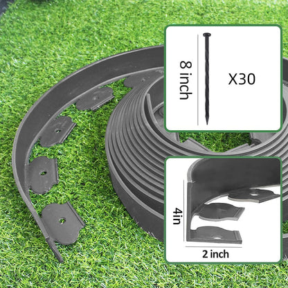 33FT Landscape Edging, 4 in Tall Garden Edging Borders with 30 Spikes,Flexible Lawn Edging Kit Plastic Mini Fence Borders for Grass Flower Beds, Pavement,Yard -Grey